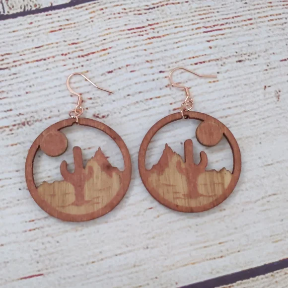Wood Cactus Desert Earrings - Picture 2 of 2